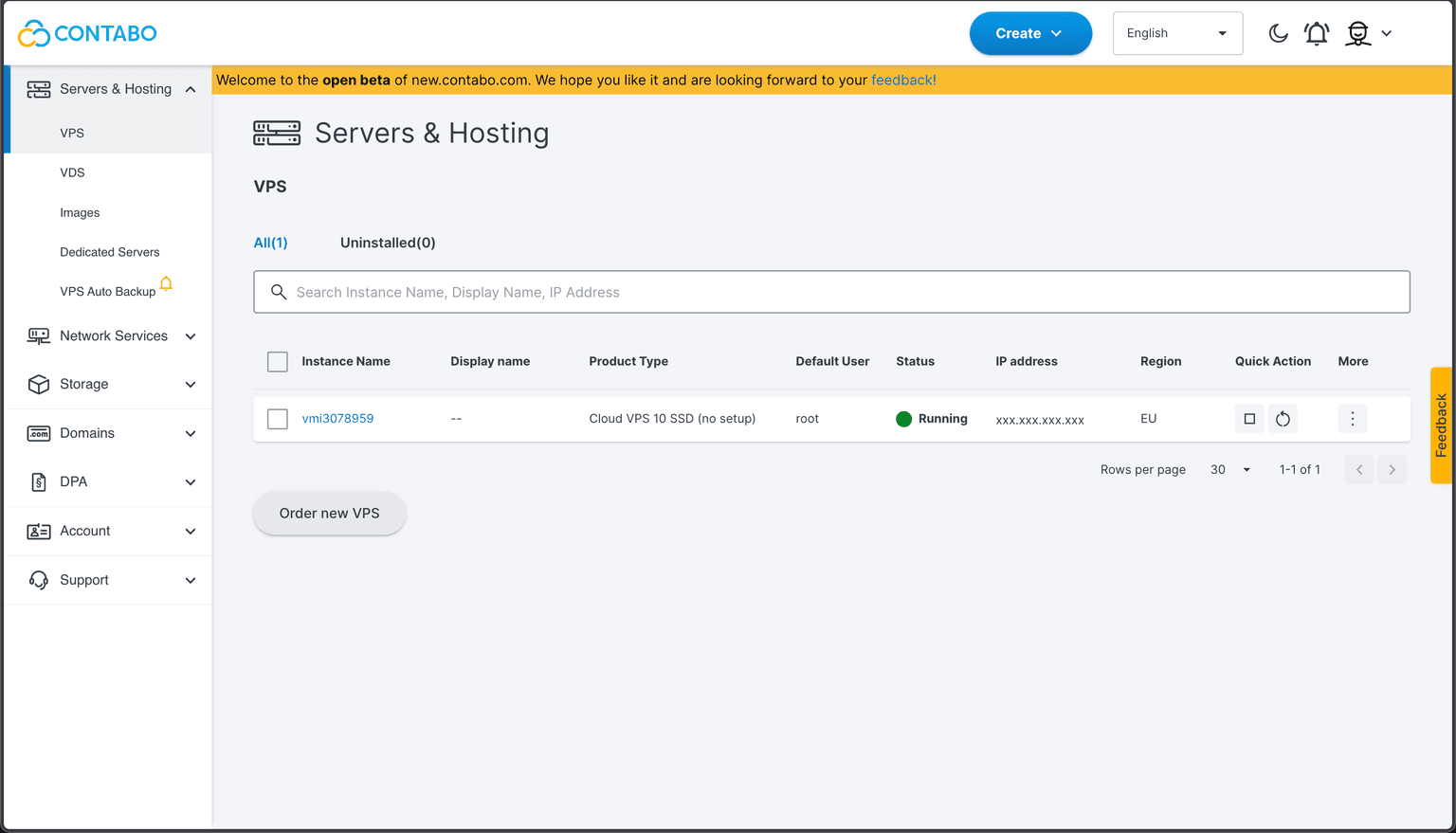 Contabo VPS screenshot